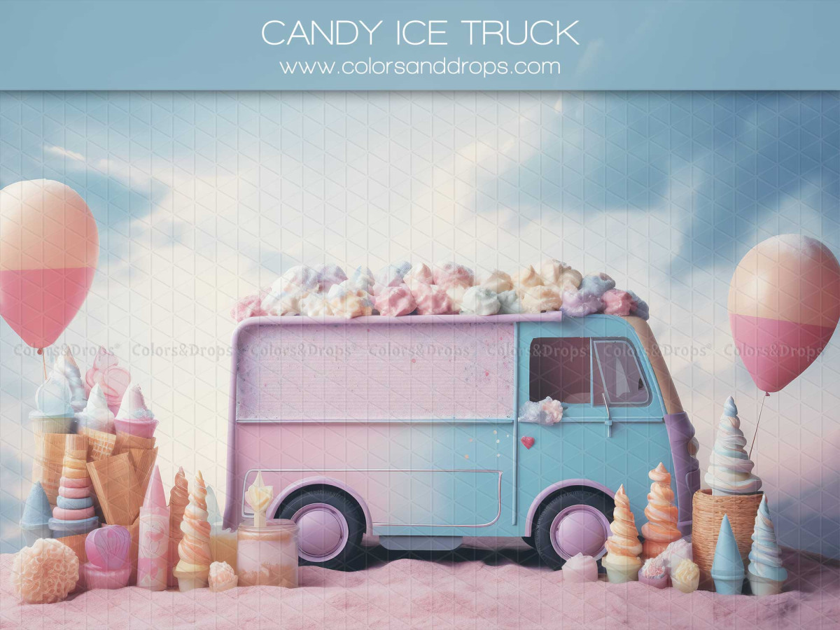 Baby & cake smash photo backdrop Candy Ice Truck – pastel ice cream truck with cones and balloons | Colors&Drops