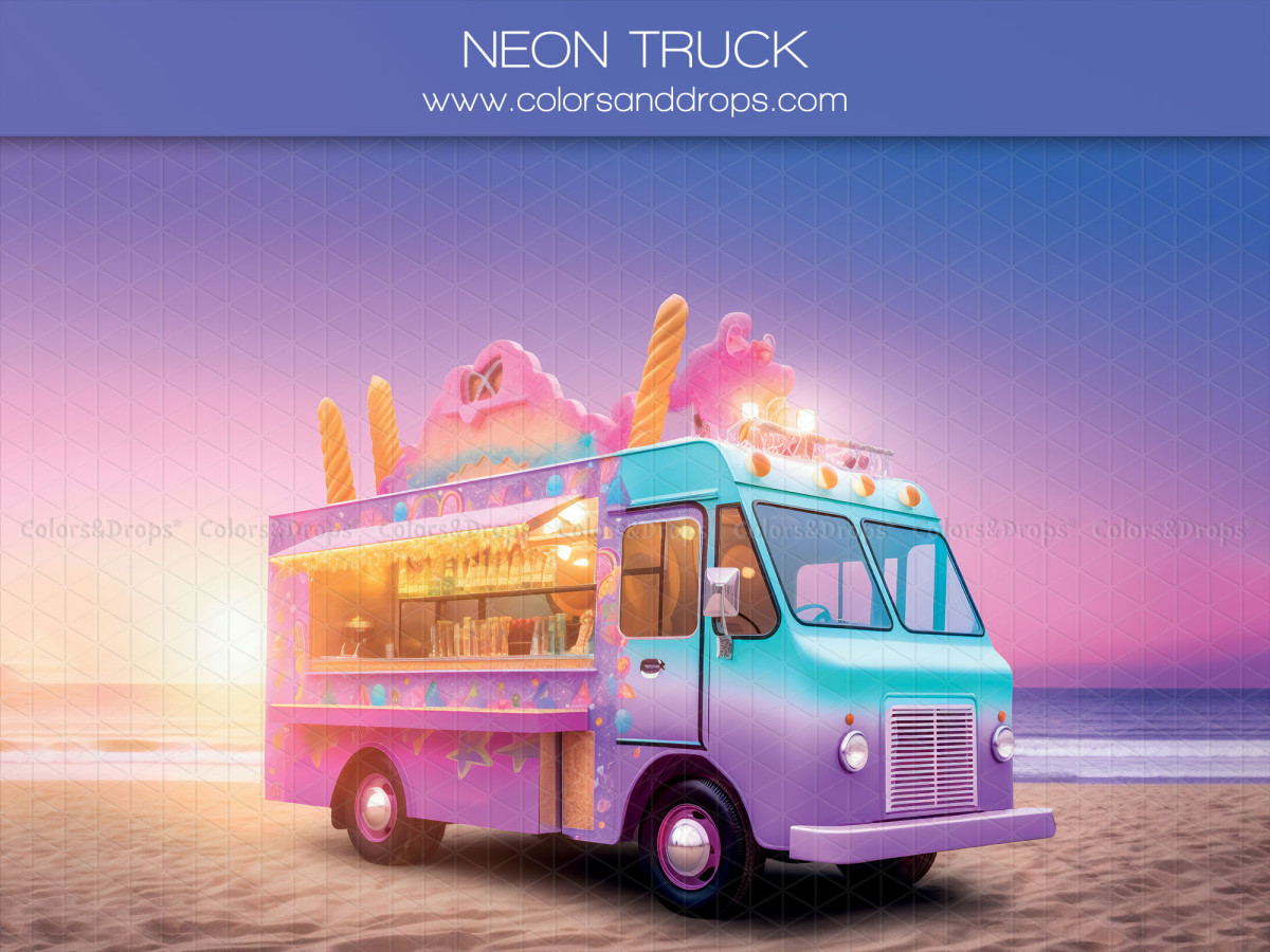 Fond photo bébé et smash cake Neon Truck – food truck néon violet sur la plage au coucher du soleil | Colors&Drops