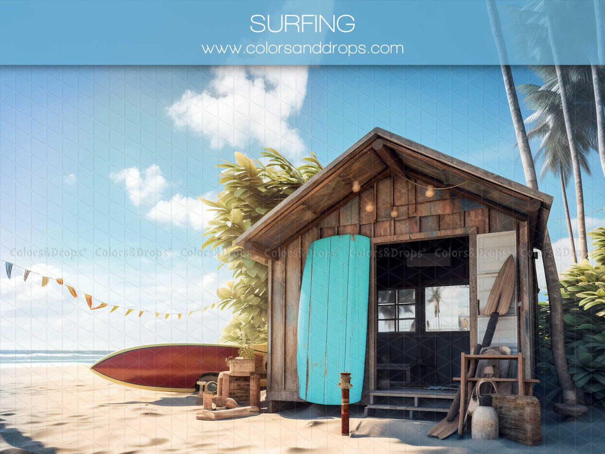 Fond photo bébé et smash cake Surfing – cabane de surf en bois sur la plage avec palmiers | Colors&Drops