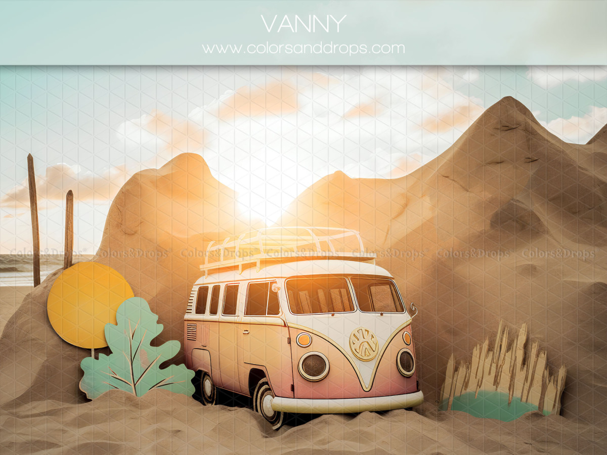 Fondo fotográfico de bebé y smash cake Vanny – furgoneta combi vintage en las dunas al atardecer | Colors&Drops