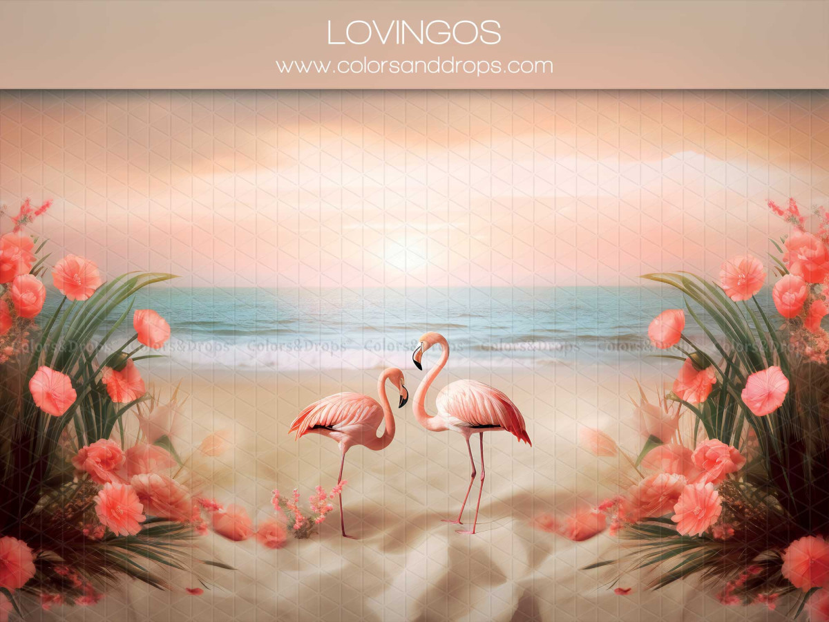 Fond photo bébé et smash cake Lovingos – flamants roses sur la plage au coucher du soleil | Colors&Drops