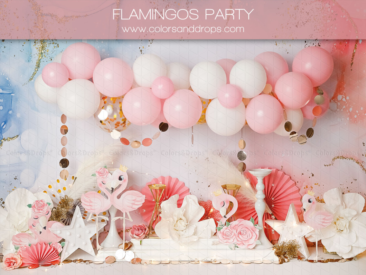Fond photo bébé et smash cake Flamingos Party – fête flamants roses avec ballons et éventails | Colors&Drops