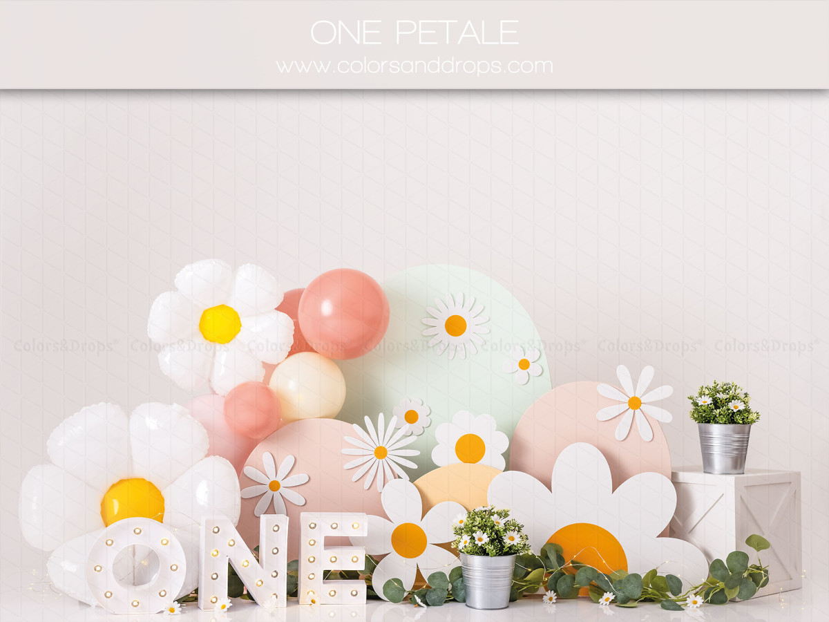 Fond photo bébé et smash cake One Petale – décor marguerites géantes et ballons avec lettres ONE | Colors&Drops