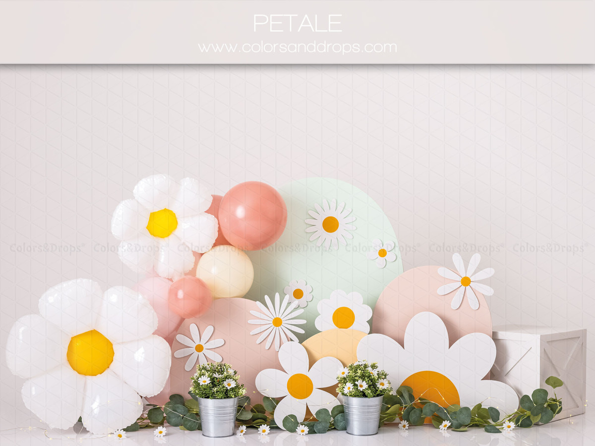 Baby & cake smash photo backdrop Petale – giant daisies and pastel balloons | Colors&Drops