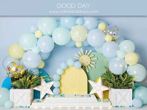 Fondo fotográfico de bebé y smash cake Good Day – arco de globos azules y amarillos con sol | Colors&Drops