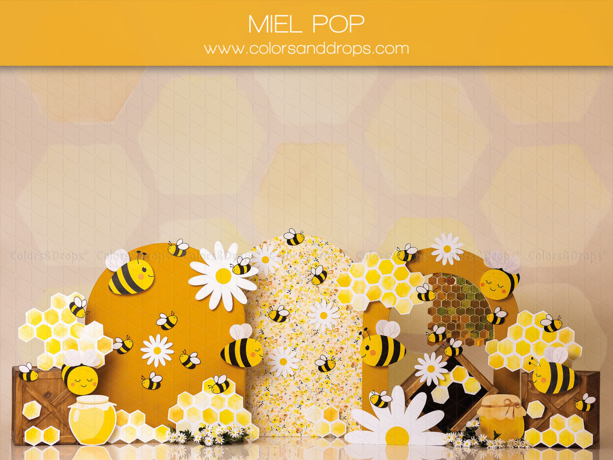 Fond photo bébé et smash cake Miel Pop – décor abeilles et marguerites sur fond nid d'abeille jaune | Colors&Drops