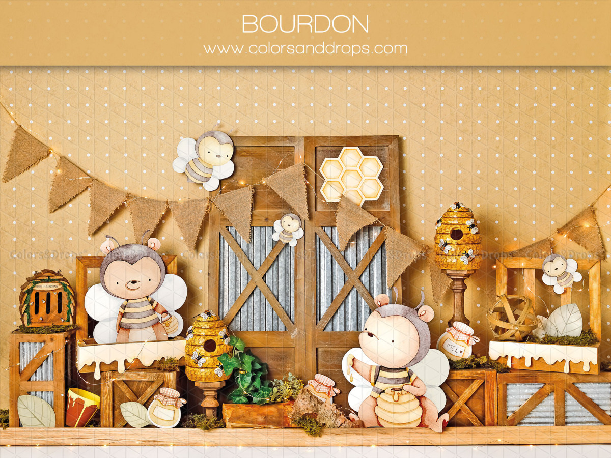 Fond photo bébé et smash cake Bourdon – décor abeilles avec fanions en jute et portes en bois | Colors&Drops