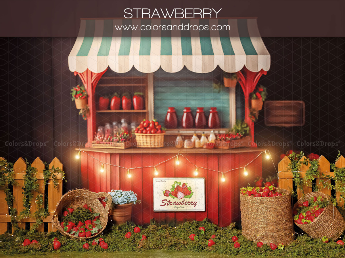 Baby & cake smash photo backdrop Strawberry – strawberry stand with striped awning and string lights | Colors&Drops