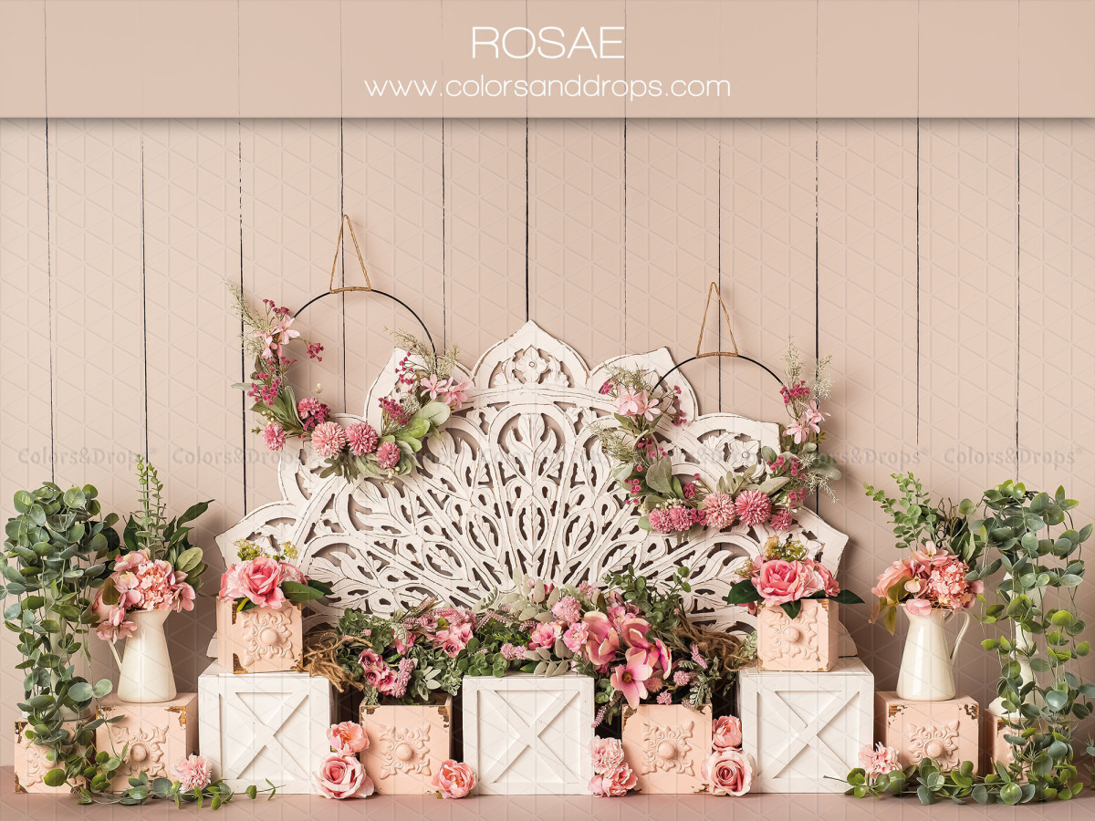 Fond photo bébé et smash cake Rosae – mur en bois blanc avec dentelle géante et roses | Colors&Drops