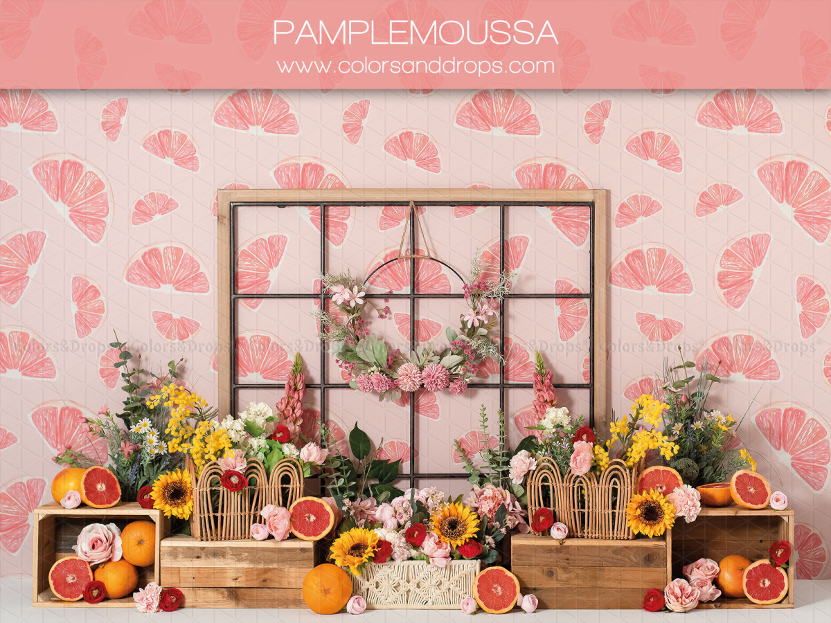 Fondo fotográfico de bebé y smash cake Pamplemoussa – ventana florida con pomelos y girasoles | Colors&Drops