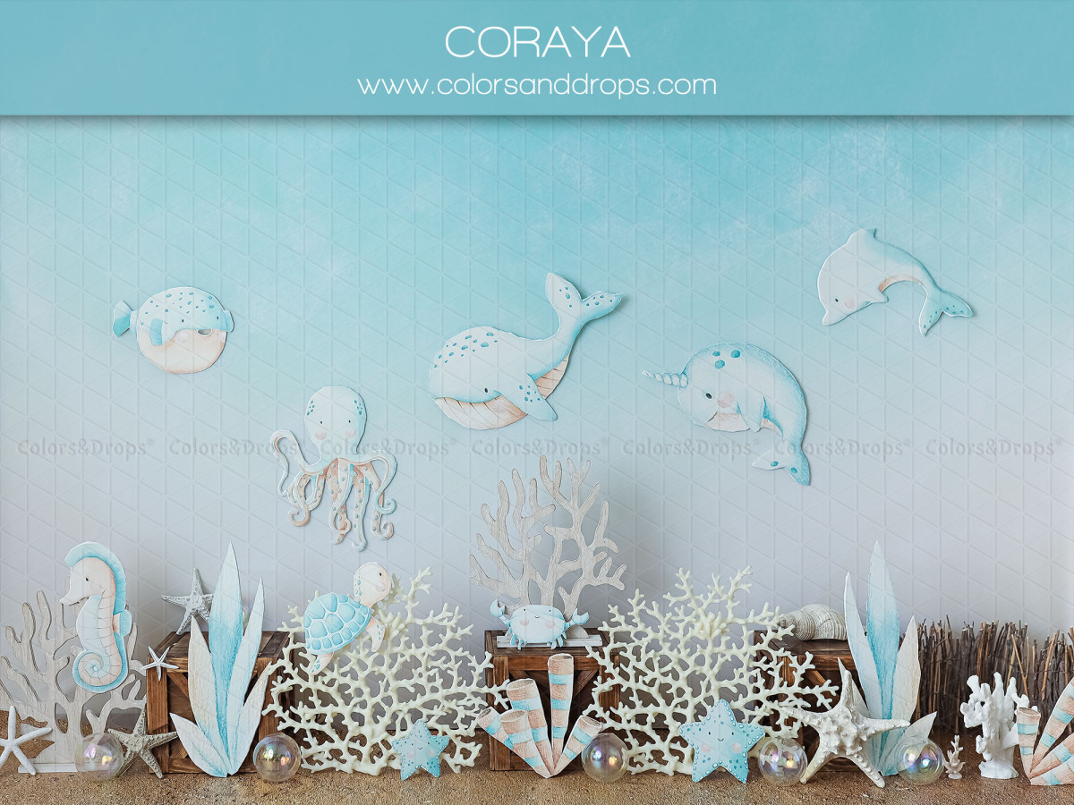 Fond photo bébé et smash cake Coraya – décor sous-marin avec dauphins, poissons et coraux | Colors&Drops