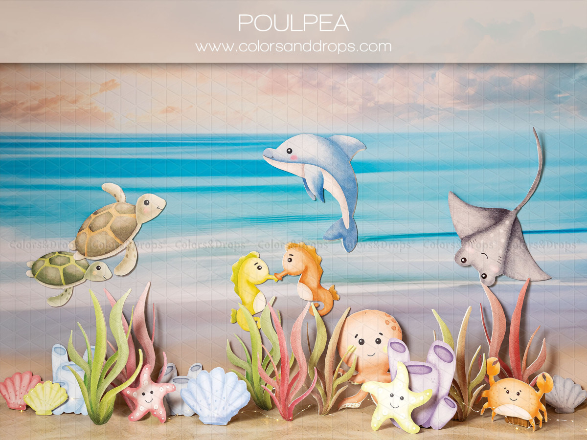Fond photo bébé et smash cake Poulpea – fond marin avec dauphin, tortues, raie et hippocampes | Colors&Drops