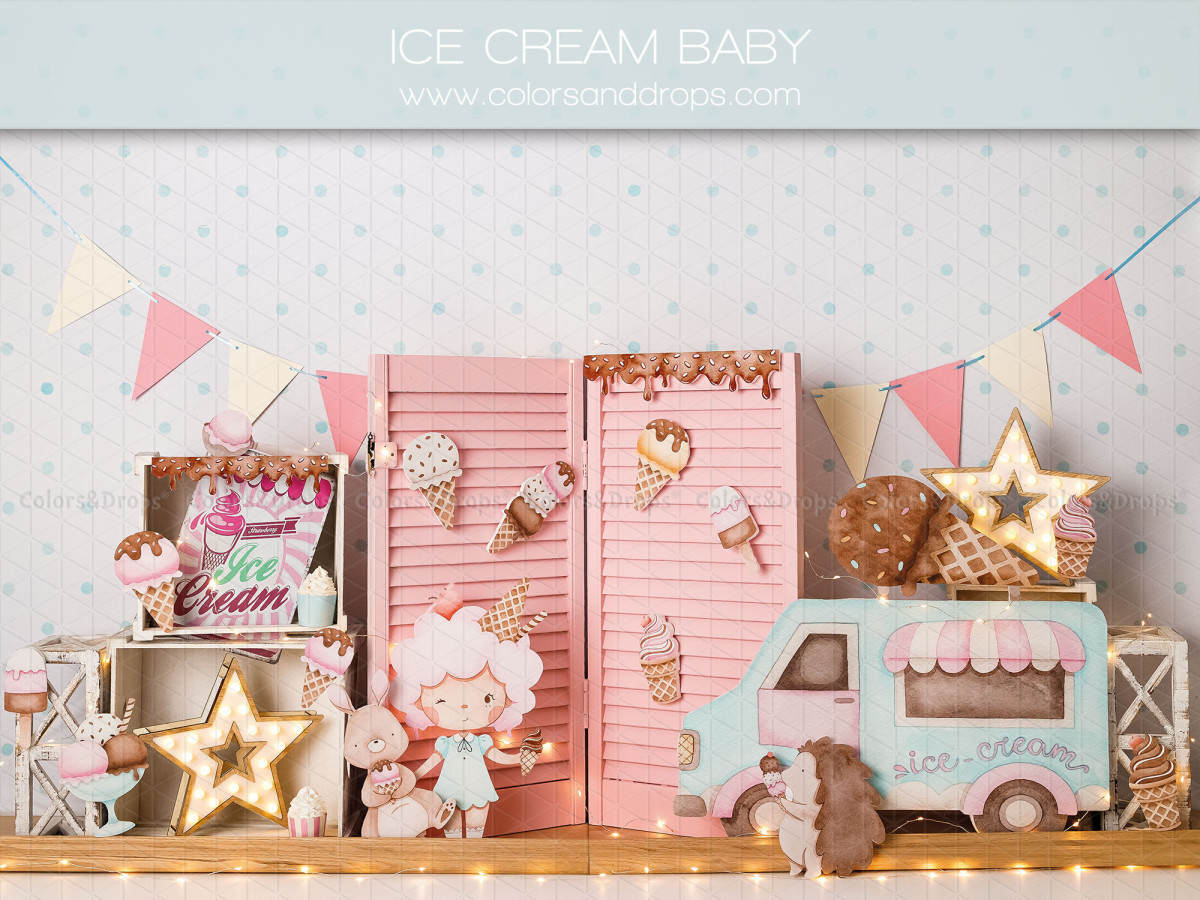 Fond photo bébé et smash cake Ice Cream Baby – décor glaces avec camion, fanions et cornets | Colors&Drops