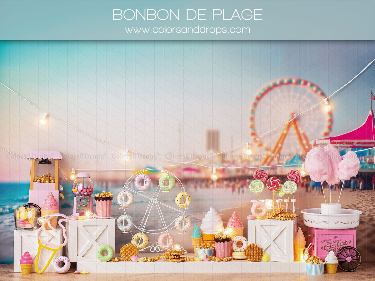 Fondo fotográfico de bebé y smash cake Bonbon de Plage – puesto de golosinas en la playa con noria | Colors&Drops