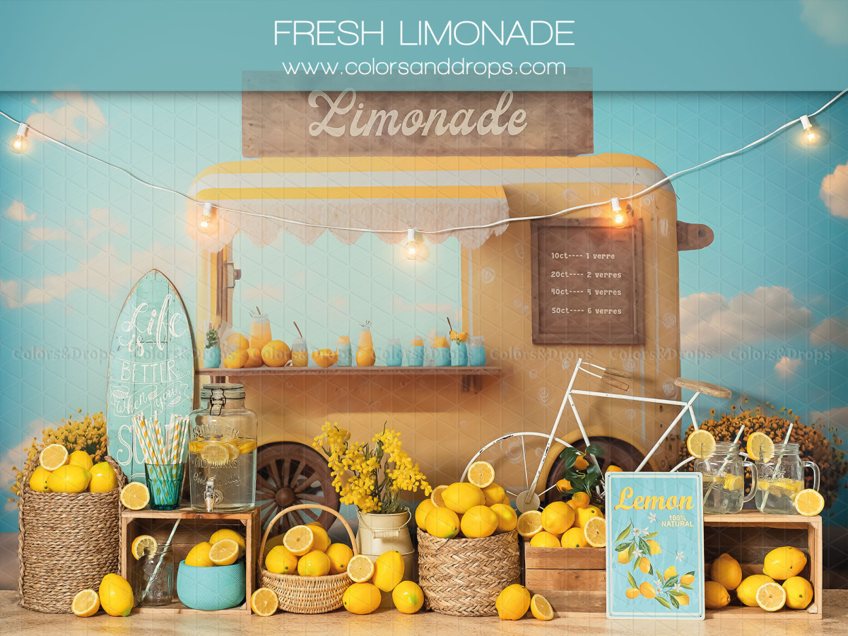 Baby & cake smash photo backdrop Fresh Limonade – lemonade stand with lemons, bicycle and string lights | Colors&Drops