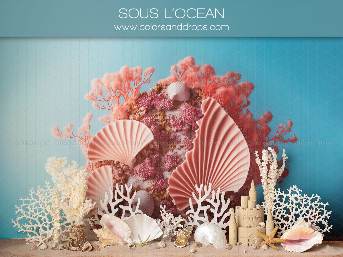 Baby & cake smash photo backdrop Sous L'Ocean – under the sea set with pink corals and shells | Colors&Drops
