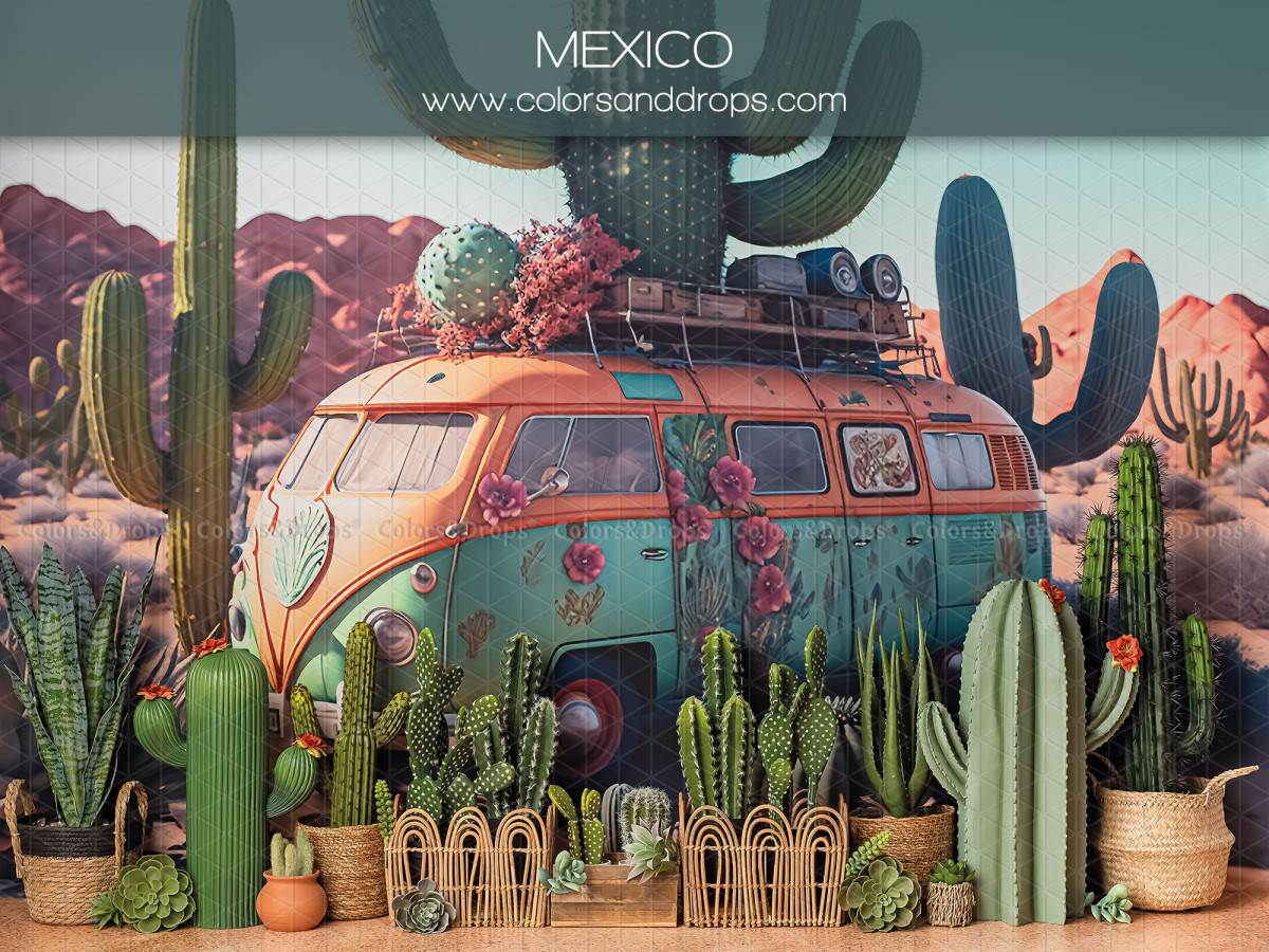 Fondo fotográfico de bebé y smash cake Mexico – furgoneta combi vintage turquesa rodeada de cactus en México | Colors&Drops