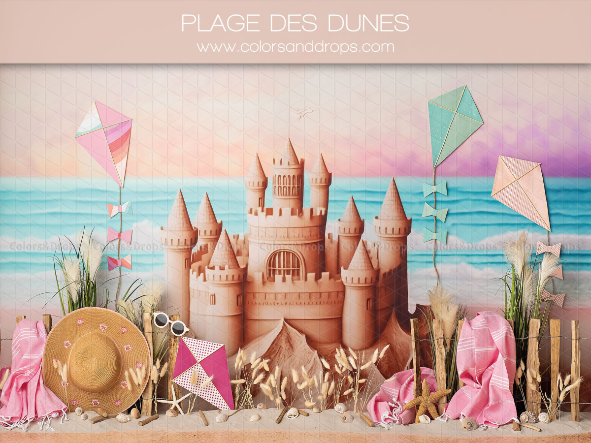 Baby & cake smash photo backdrop Plage des Dunes – sandcastle on the beach with kites | Colors&Drops