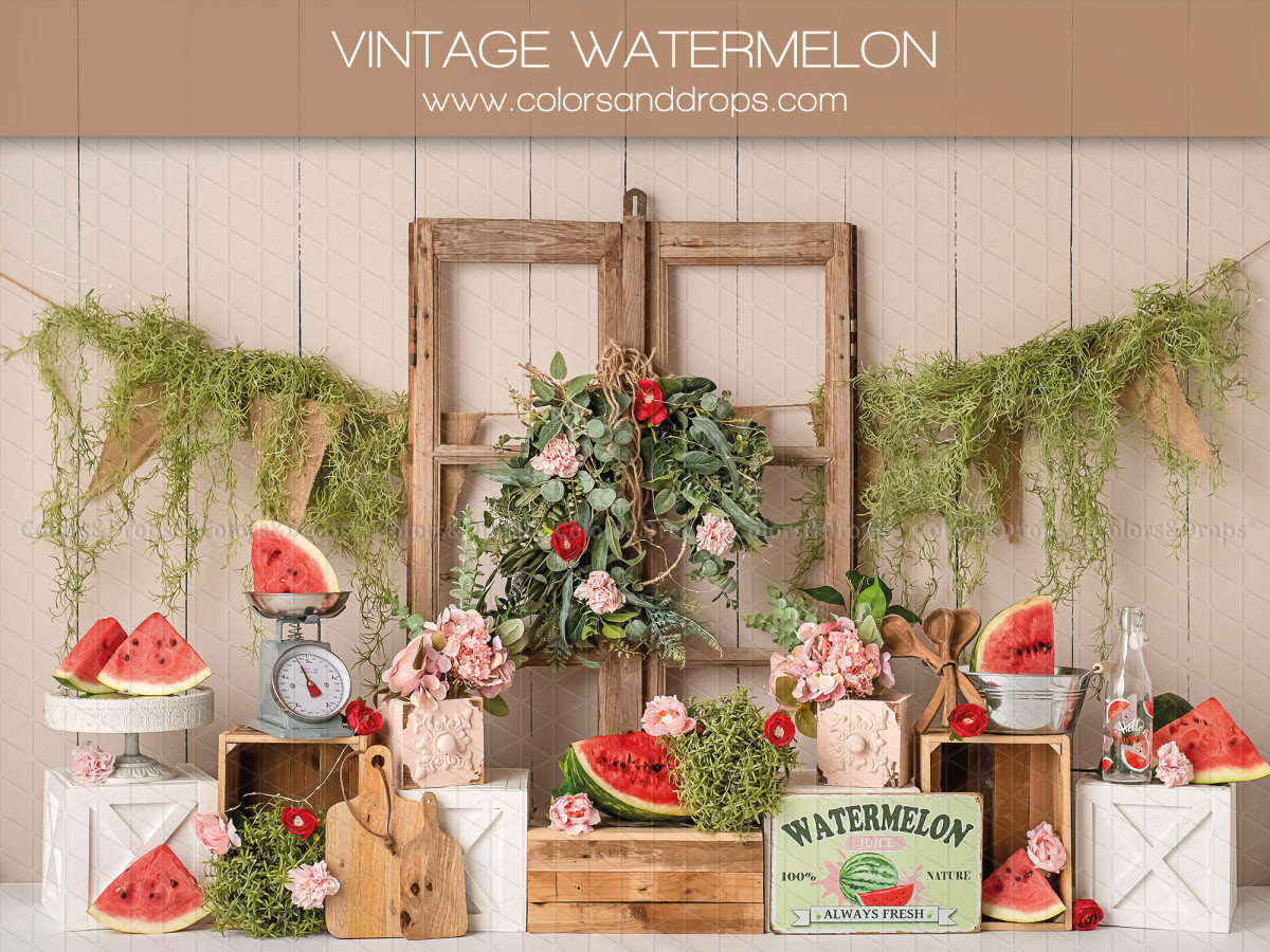 Fondo fotográfico de bebé y smash cake Vintage Watermelon – decorado de sandías con ventanas de madera y | Colors&Drops