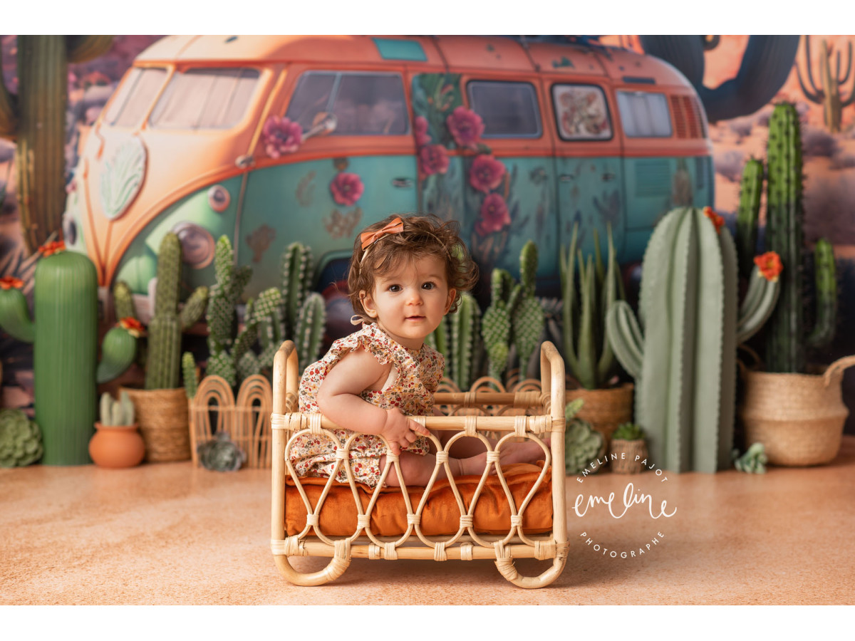 Fondo fotográfico de bebé y smash cake Mexico – furgoneta combi vintage turquesa rodeada de cactus en México | Colors&Drops