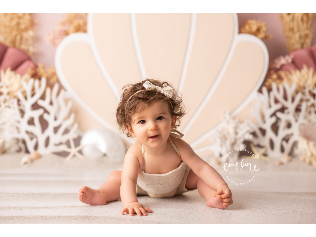 Fond photo bébé et smash cake Coquillage – coquillage géant avec coraux et herbes sèches sur fond rose | Colors&Drops