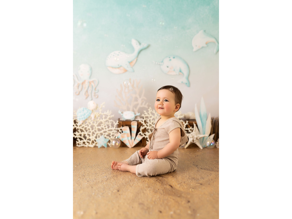 Fond photo bébé et smash cake Coraya – décor sous-marin avec dauphins, poissons et coraux | Colors&Drops