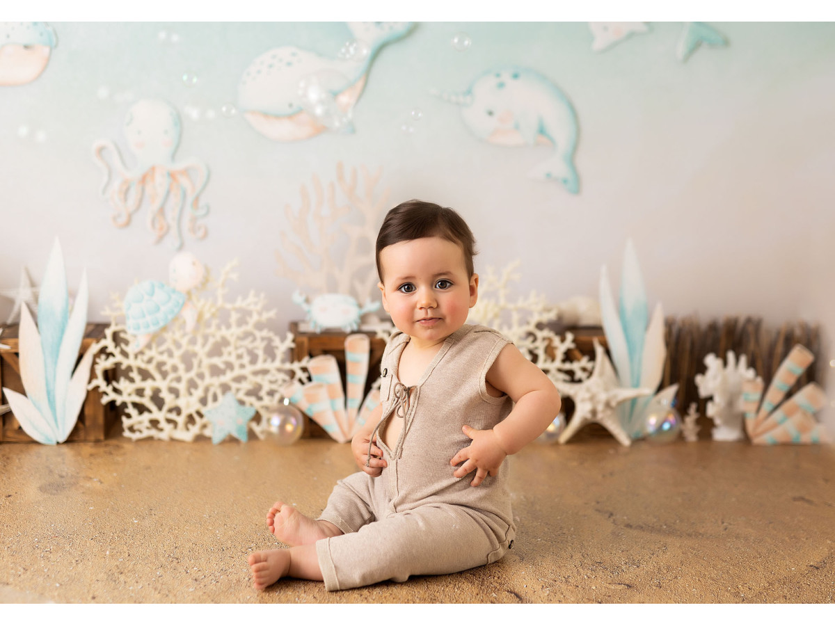 Fond photo bébé et smash cake Coraya – décor sous-marin avec dauphins, poissons et coraux | Colors&Drops