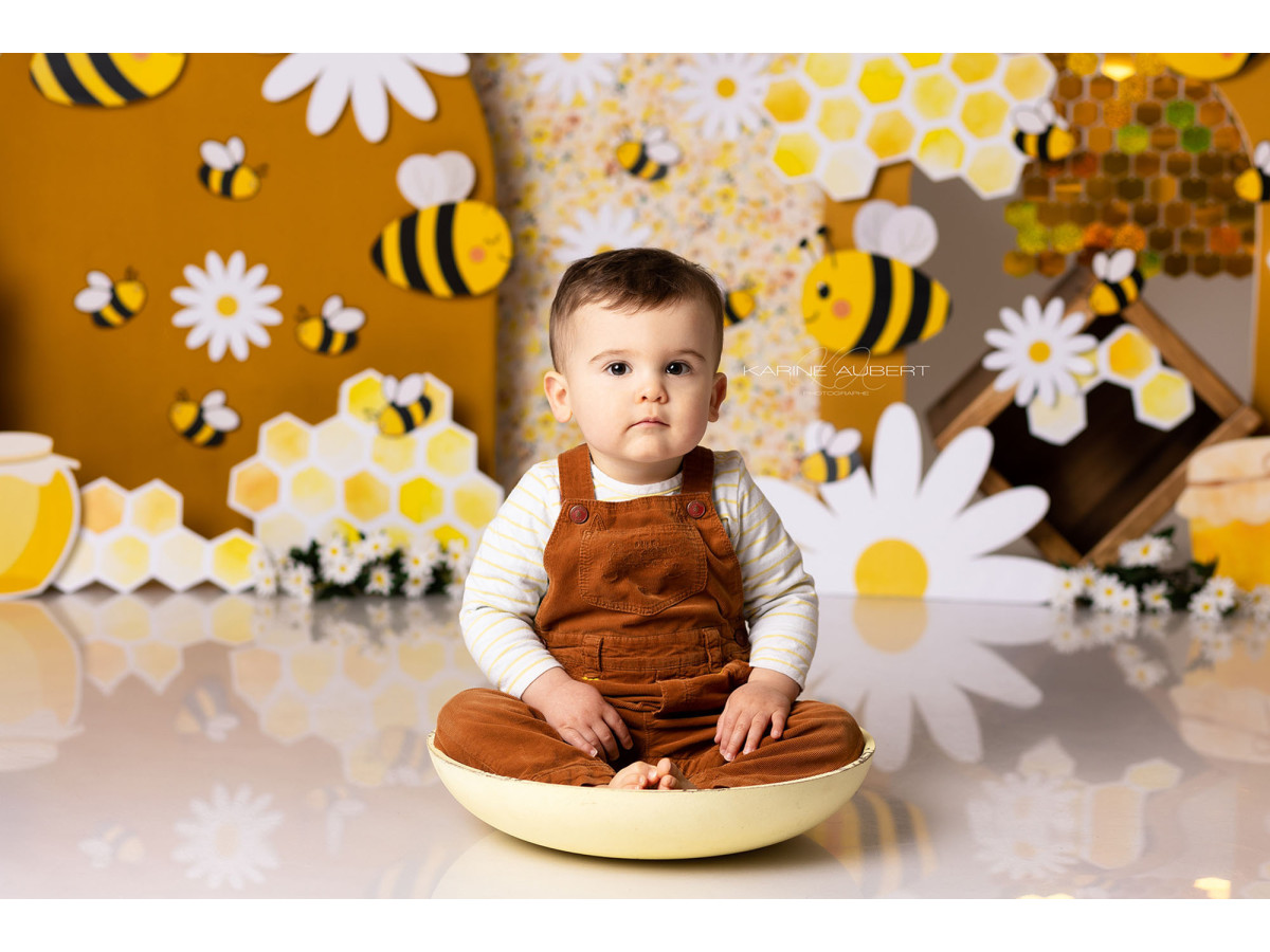 Baby & cake smash photo backdrop Miel Pop – bees and daisies set on yellow honeycomb background | Colors&Drops