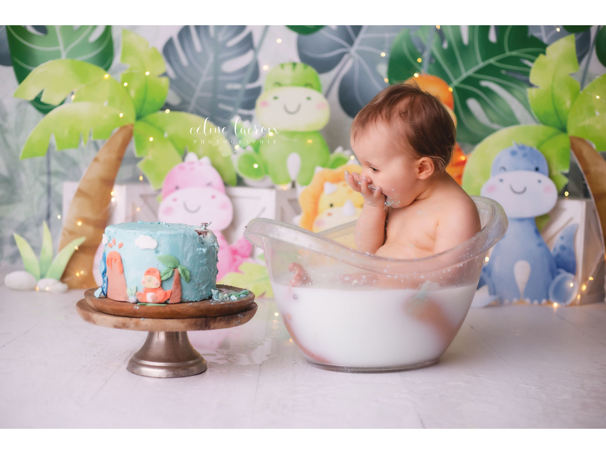 Fondo fotográfico de bebé y smash cake Dinosorus – dinosaurios de peluche bajo hojas de monstera | Colors&Drops