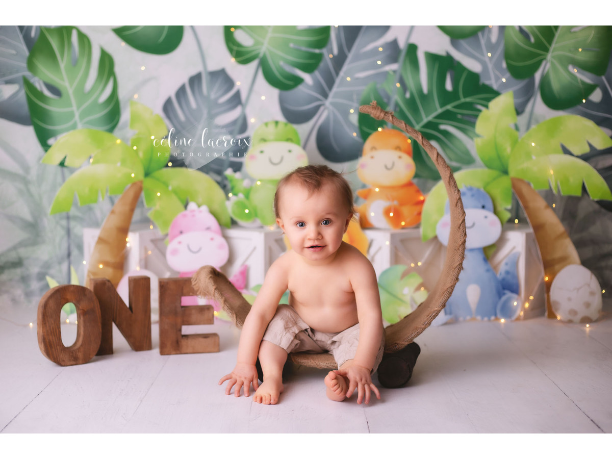 Fondo fotográfico de bebé y smash cake Dinosorus – dinosaurios de peluche bajo hojas de monstera | Colors&Drops