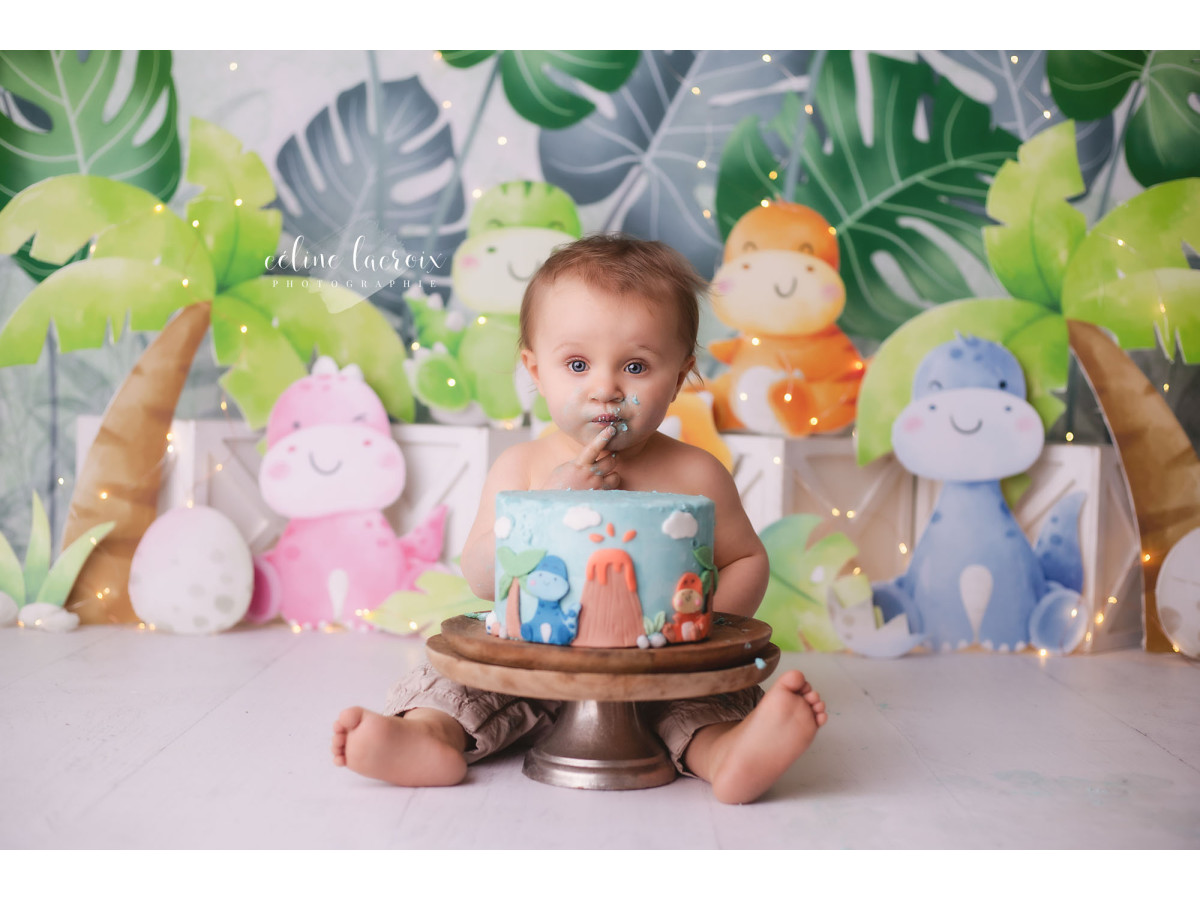 Fondo fotográfico de bebé y smash cake Dinosorus – dinosaurios de peluche bajo hojas de monstera | Colors&Drops