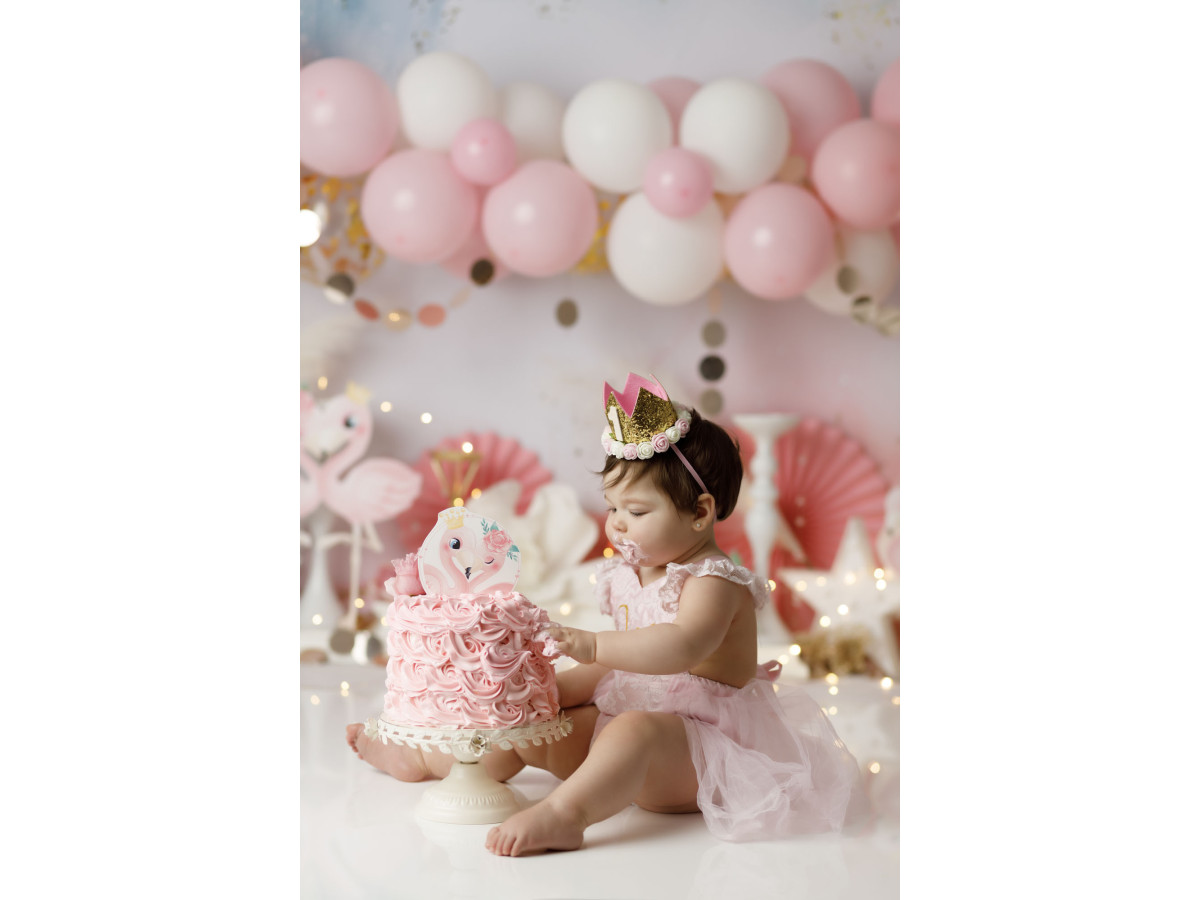 Fond photo bébé et smash cake Flamingos Party – fête flamants roses avec ballons et éventails | Colors&Drops