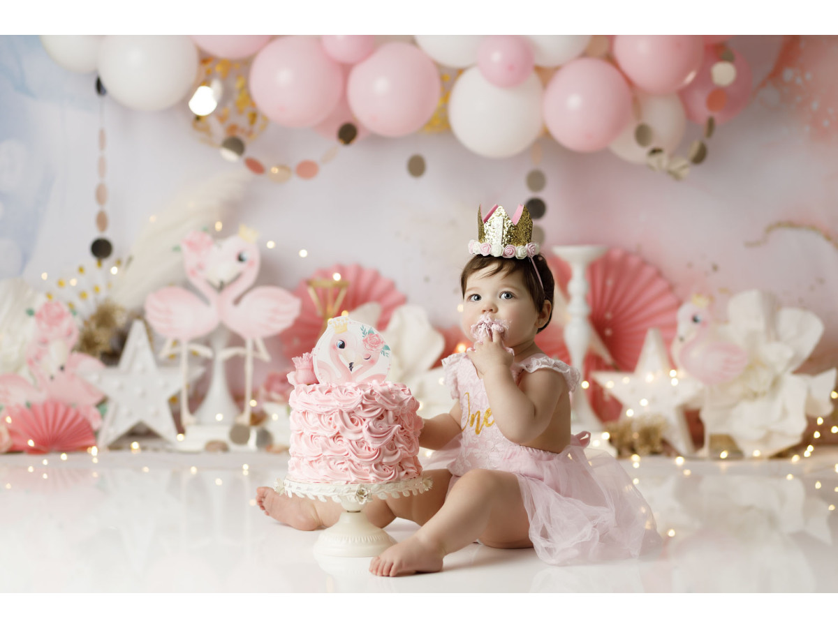 Fond photo bébé et smash cake Flamingos Party – fête flamants roses avec ballons et éventails | Colors&Drops