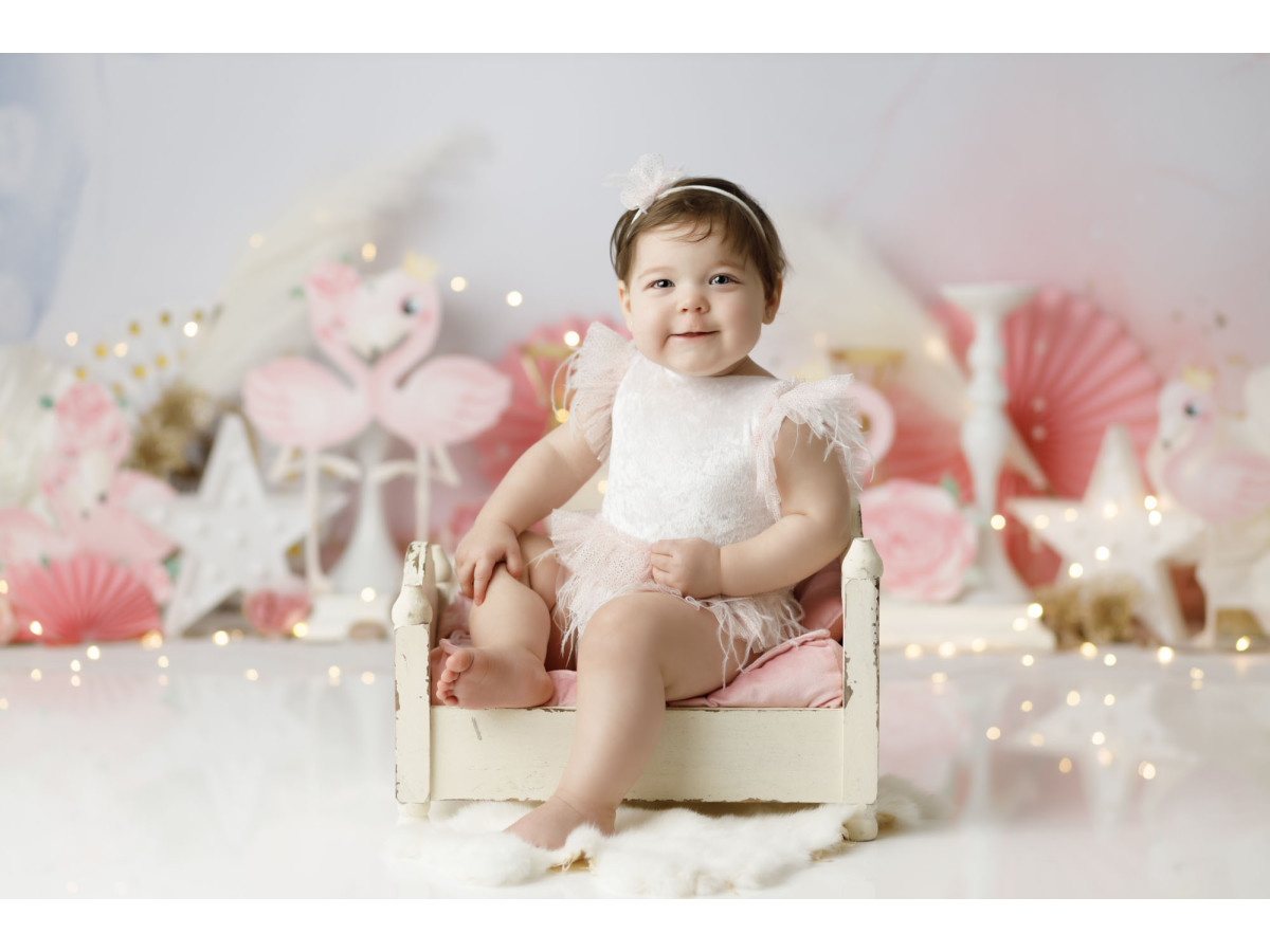 Fond photo bébé et smash cake Flamingos Party – fête flamants roses avec ballons et éventails | Colors&Drops