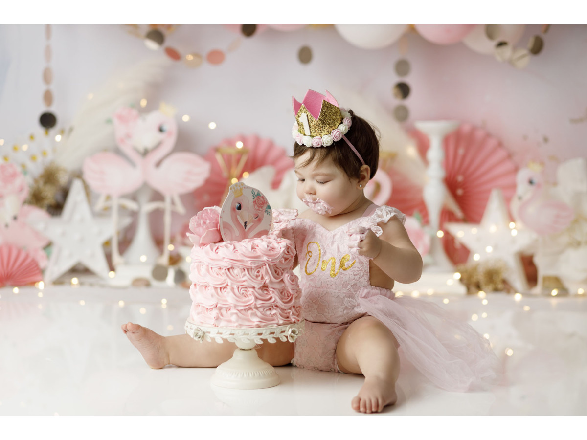 Fond photo bébé et smash cake Flamingos Party – fête flamants roses avec ballons et éventails | Colors&Drops