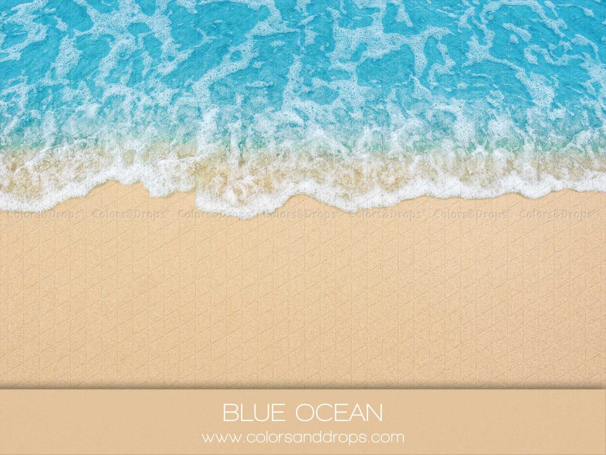 Fond et sol photo d'été Blue Ocean – plage de sable et vagues turquoise vue de dessus | Colors&Drops