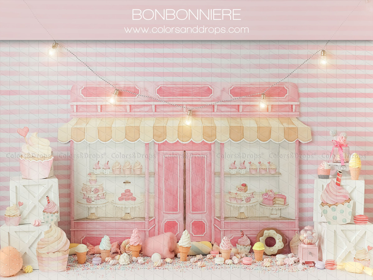 Fond photo bébé et smash cake Bonbonniere – boutique de bonbons rose avec pâtisseries et donuts | Colors&Drops