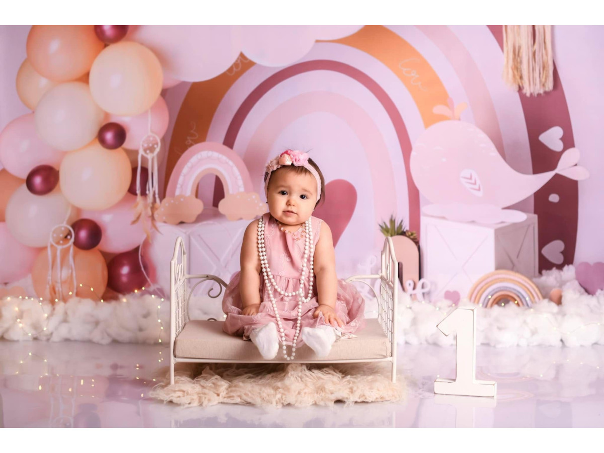 Fond photo bébé et smash cake Boho Cloud – arc-en-ciel bohème avec nuage, ballons et cœur | Colors&Drops