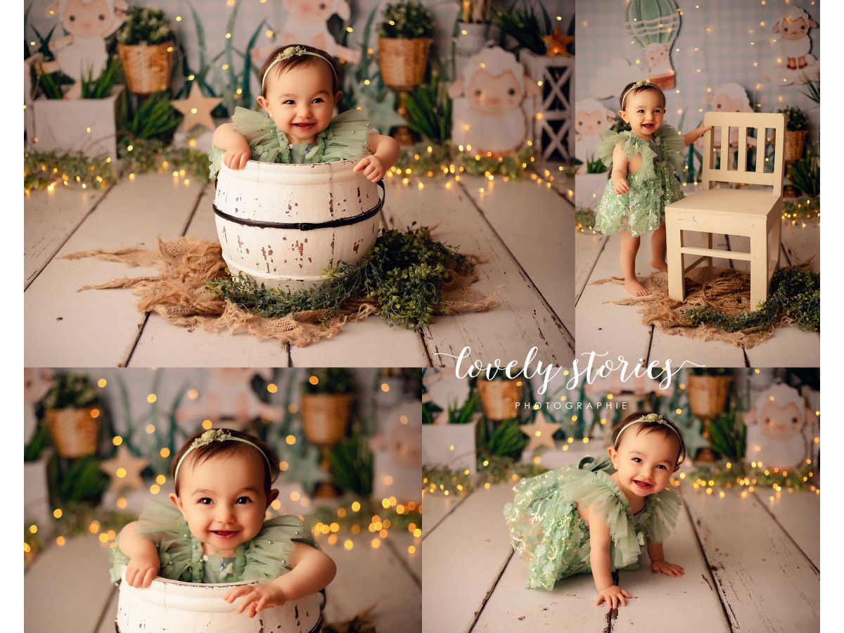 Baby & cake smash photo backdrop Saute Mouton – paper sheep with hot air balloon and lanterns | Colors&Drops