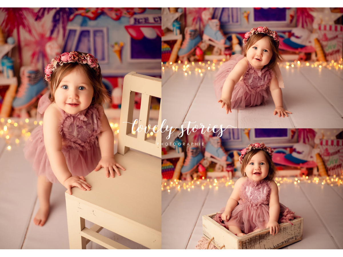 Fond photo bébé et smash cake Palm Beach – plage aux palmiers violets avec van et patins | Colors&Drops