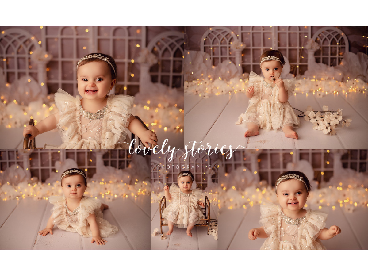 Baby & cake smash photo backdrop Cherry Blooms – white arched windows with white flowers | Colors&Drops