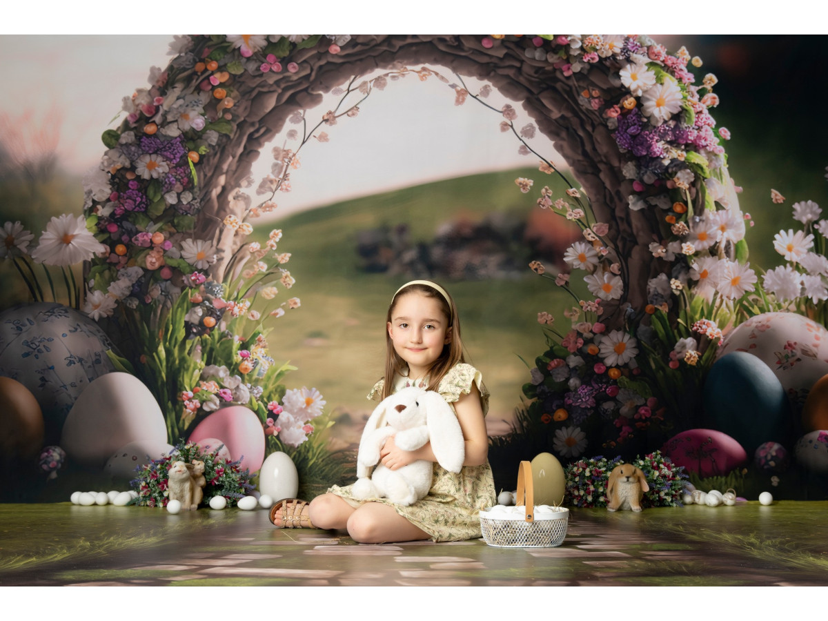 Easter photo backdrop Florilege – floral arch in a meadow with Easter eggs | Colors&Drops
