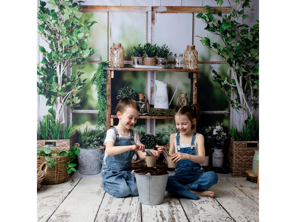 Fondo fotográfico de bebé y smash cake Botaniste – decorado botánico con estantería de madera y plantas | Colors&Drops