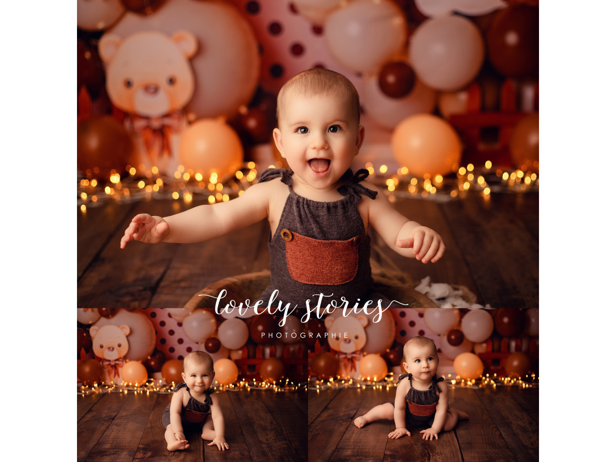 Fond photo bébé et smash cake Teddy Aviator – ballons marron et crème avec ours aviateur et montgolfière | Colors&Drops