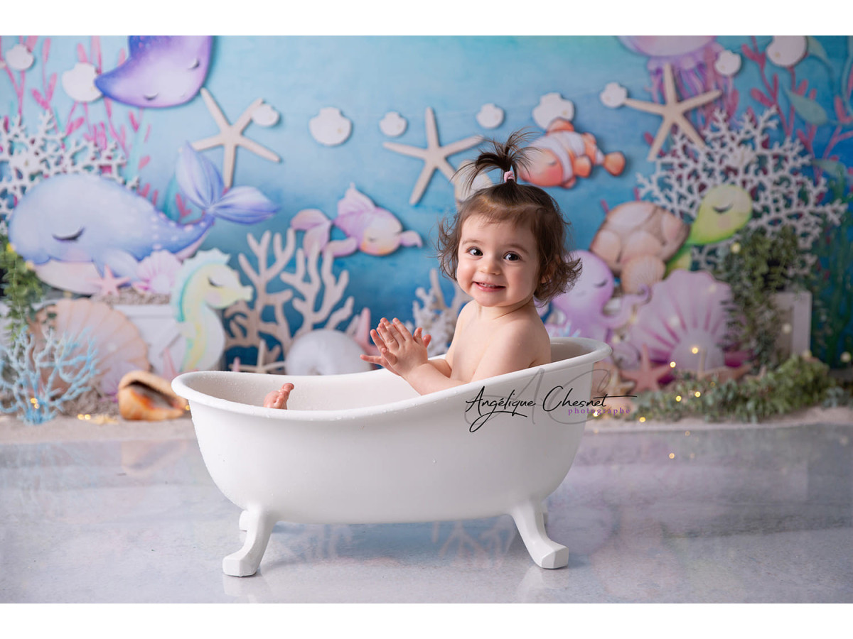 Fond photo bébé et smash cake Medusa – fond marin aquarelle avec poissons, coraux et pieuvre | Colors&Drops