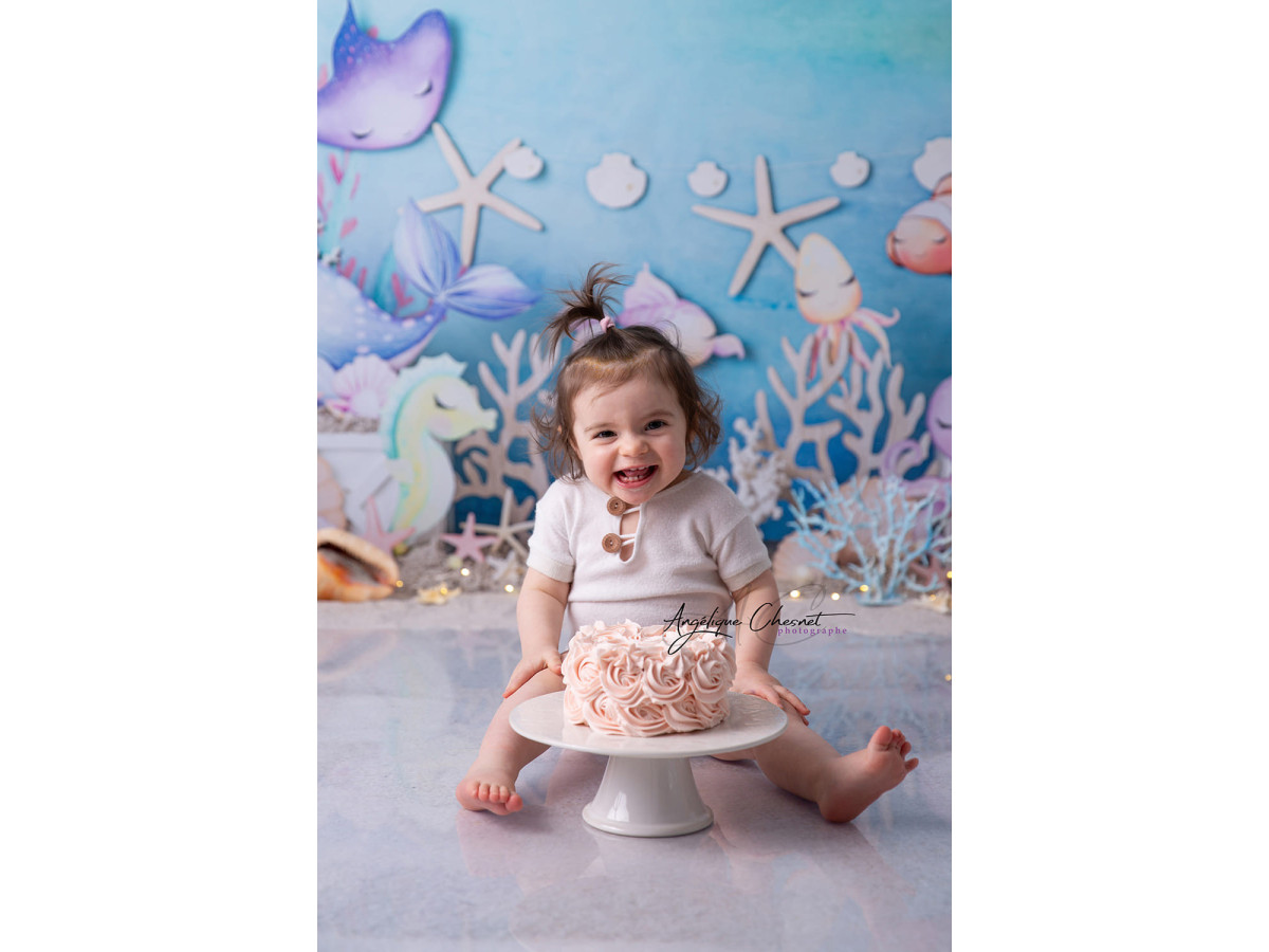Fond photo bébé et smash cake Medusa – fond marin aquarelle avec poissons, coraux et pieuvre | Colors&Drops