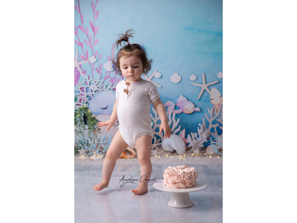 Fond photo bébé et smash cake Medusa – fond marin aquarelle avec poissons, coraux et pieuvre | Colors&Drops