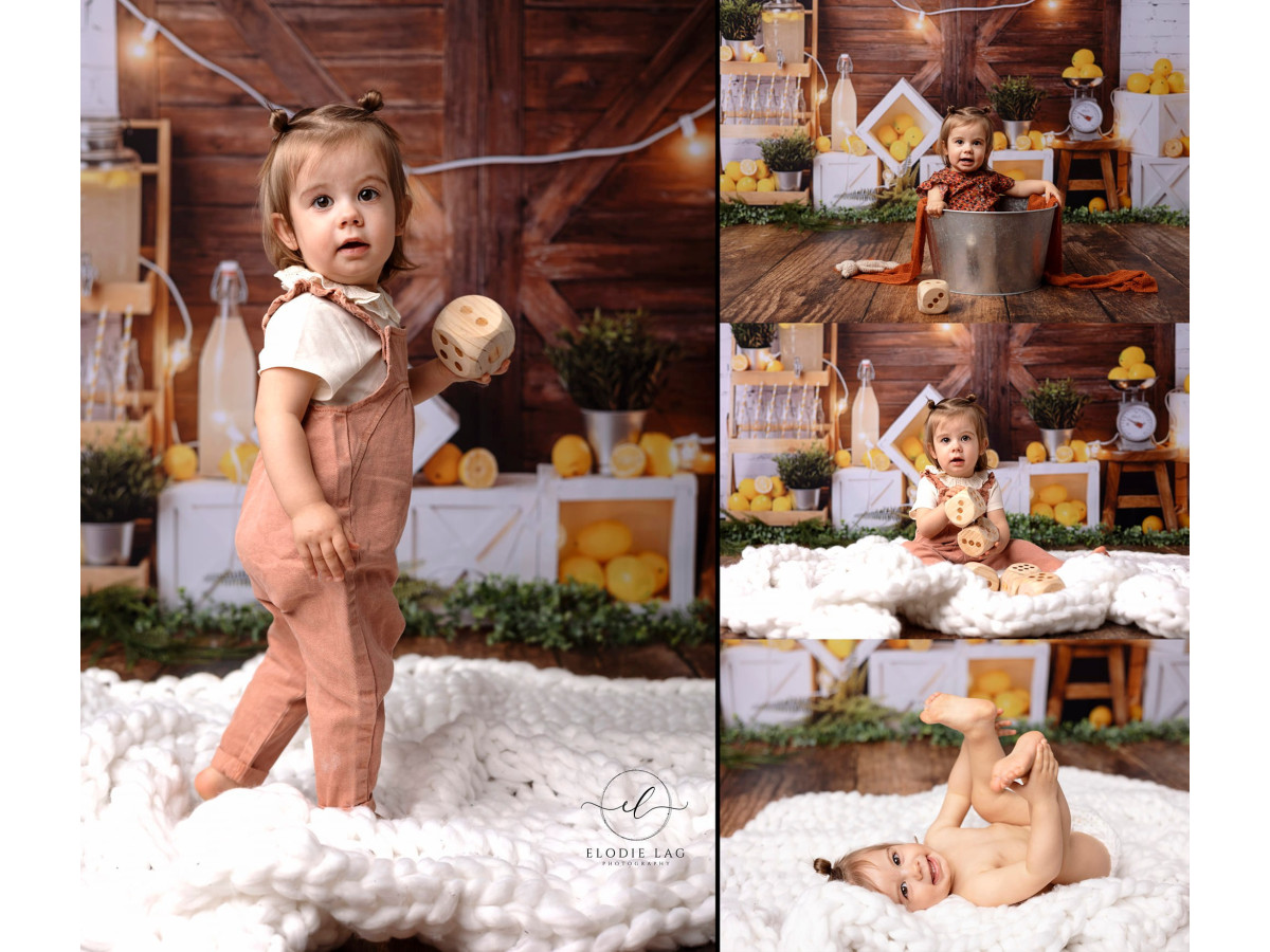 Fond photo bébé et smash cake Lemon – porte de grange en bois avec citrons et guirlande lumineuse | Colors&Drops