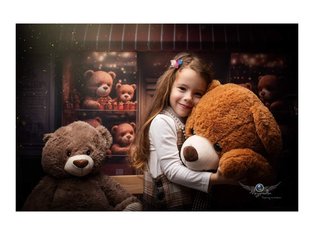 Valentine's Day photo backdrop Nounourserie – teddy bear shop with striped awning and hearts | Colors&Drops