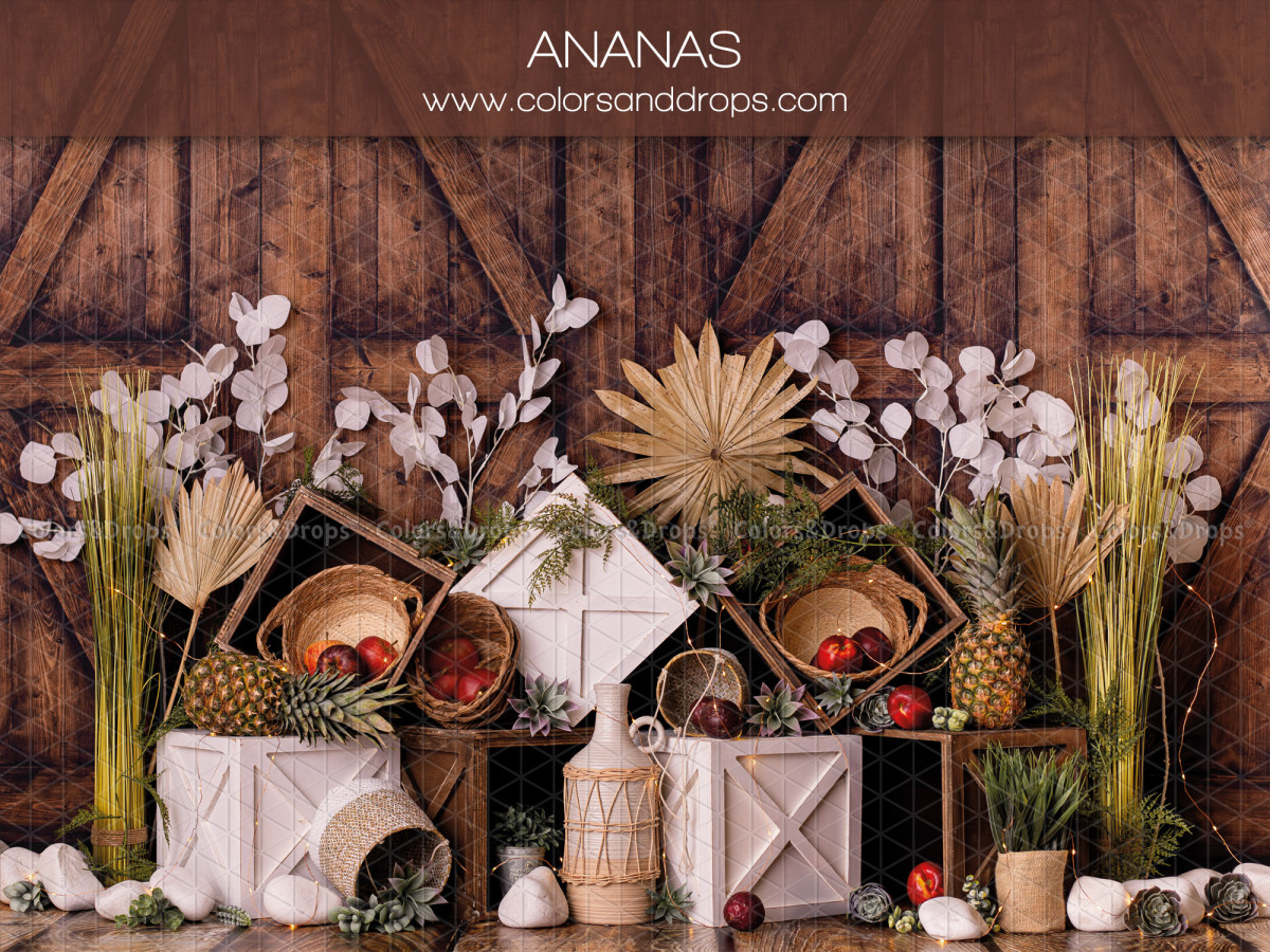 Fondo fotográfico de bebé y smash cake Ananas – decorado de piñas con granero de madera y hojas de palmera | Colors&Drops